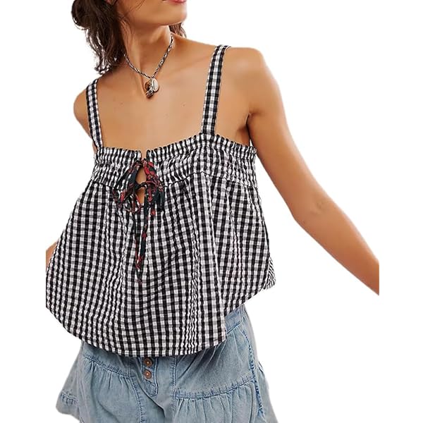 Women Y2k Gingham Tank Top Sleeveless Smocked Tank Tops